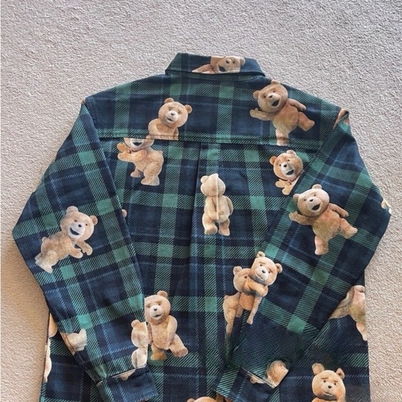 Green checked denim shacket with teddy bear from TED movie - Picture 3 of 5